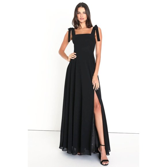 Lulus Love Me Forever Bow-Strap Square Neck Maxi Dress Ballet Gown in Black XS - Picture 2 of 5